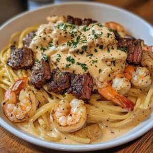 Cajun Shrimp Steak Alfredo Pasta Recipe